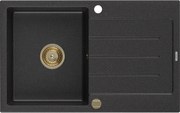 Mexen Bruno granitový jednokomorový drez s odkvapkávačom 795 x 495 mm, Čierna/Strieborná metalíza, Sifón Zlatá - 6513791010-73-G