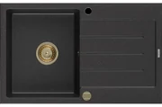 Mexen Bruno granitový jednokomorový drez s odkvapkávačom 795 x 495 mm, Čierna/Strieborná metalíza, Sifón Zlatá - 6513791010-73-G