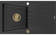 Mexen Cesar, granitový drez 775x470x190 mm, 1-komorový, čierna-strieborná metalíza so zlatým sifónom, 6514771010-73-G