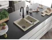 Mexen Carlos, 1,5-komorový granitový drez 582x475x177 mm a drezová batéria Savita, béžová, 6518-69-672601-70