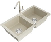 Mexen Mario, 2-komorový granitový drez 820x436x161 mm a drezová batéria Flora, béžová, 6504-69-670401-09