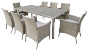 Ratanový set: Stôl + 8 stoličiek - sivý so sivými vankúšmi