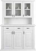 Biely drevený príborník z masívu - komoda s vitrínou, 140x60x210 cm