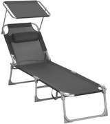 Skladacie lehátko so strieškou, 53 x 193 x 29,5 cm, nosnosť do 150 kg, tmavošedé
