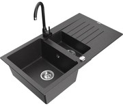 Mexen Matias, granitový drez 900x505x200 mm, 1,5-komorový a čierna batéria Telma, čierna škvrnitá, 6502-76-670200-70