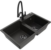 Mexen Tomas, 2-komorový granitový drez 800x500x190 mm  a kuchynská batéria Duo, čierna-zlatá metalíza, 6516-75-671701-70-B