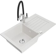 Mexen Pablo, granitový drez 752x436x161 mm, 1-komorový a drezová batéria Duo, biela, 6510-20-671701-07