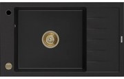Mexen Elias granitový jednokomorový drez s odkvapkávačom 795 x 480 mm, Čierna, Sifón Zlatá - 6511791005-77-G