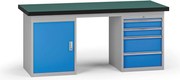 Pracovný stôl do dielne G8, 1800 x 750 x 800 mm, 1x skrinka, 1x kontejner, 4 zásuvky, modrá