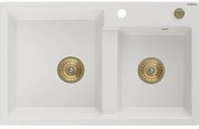 Mexen Tomas, granitový drez 800x500x190 mm, 2-komorový, biela so zlatým sifónom, 6516802000-20-G