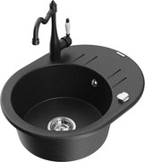 Mexen Kevin granitový jednokomorový drez s odkvapkávačom a kuchynskou batériou Carla, Čierna/Strieborná metalíza - 6517-73-67070