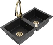 Mexen Mario granitový dvojkomorový drez s kuchynskou batériou Elia, Čierna/Strieborná metalíza - 6504-73-670101-50