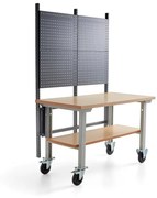 Mobilný dielenský stôl ROBUST, s panelom na náradie a spodnou policou, 1500x800 mm, tvrdená doska