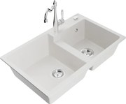 Mexen Tomas granitový dvojkomorový drez s kuchynskou batériou Carla, Biela - 6516-20-670700-00