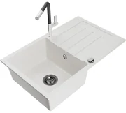 Mexen Bruno, 1-komorový granitový drez 795x495x200 mm a drezová batéria Flora, biela, 6513-20-670401-07-B