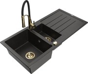 Mexen Andres granitový 1,5-komorový drez s odkvapkávačom a kuchynskou batériou Aster, Čierna/Zlatá metalíza - 6515-75-73450-57-G