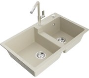 Mexen Tomas, 2-komorový granitový drez 800x500x190 mm a drezová batéria Flora, béžová, 6516-69-670401-09