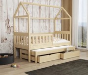 Detská domčeková posteľ z masívu borovice REVOLUT s prístelkou a šuplíky - 200x90 cm - prírodná borovica