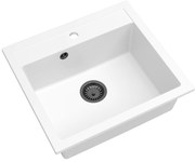 Sink Quality Ferrum, kuchynský granitový drez 565x510x205 mm + čierny sifón, biela, SKQ-FER.W.1K60.XB