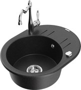 Mexen Kevin granitový jednokomorový drez s odkvapkávačom a kuchynskou batériou Carla, Čierna/Strieborná metalíza - 6517-73-67070