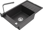 Mexen Elias granitový jednokomorový drez s odkvapkávačom a kuchynskou batériou Rita, Čierna škvrnitá - 6511-76-670300-70