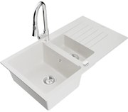 Mexen Matias, 1,5-komorový granitový drez 900x505x200 mm a drezová batéria Elia, biela, 6502-20-670101-00