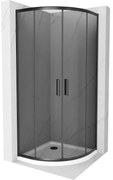 Mexen Rio, štvrťkruhový sprchovací kút s posuvnými dverami 90(dvere) x 90(dvere) x 190 cm, 6mm šedé sklo, čierny profil + biela sprchová vanička Slim, 863-090-090-70-40-4110B