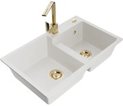 Mexen Tomas, granitový drez 800x500x190 mm, 2-komorový a zlatá batéria Rita, biela, 6516-20-670300-50