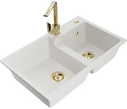 Mexen Tomas, granitový drez 800x500x190 mm, 2-komorový a zlatá batéria Rita, biela, 6516-20-670300-50