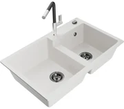 Mexen Tomas, 2-komorový granitový drez 800x500x190 mm a drezová batéria Flora, biela, 6516-20-670401-07-B
