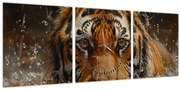 Obraz - Portrét tigra vo vode (s hodinami) (90x30 cm)