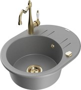 Mexen Kevin granitový jednokomorový drez s odkvapkávačom a kuchynskou batériou Carla, Šedá - 6517-71-670700-50