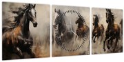 Obraz - Olejomaľba koní (s hodinami) (90x30 cm)