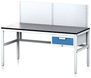Alfa 3 Nastaviteľný dielenský stôl MECHANIC II, s perfopanelom, 1 zásuvkový box na náradie, 1600x700x745-985 mm, sivá/modrá