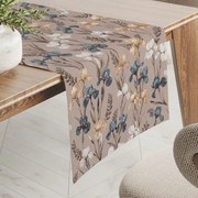 Biante Bavlnený behúň na stôl Sandra SA-637 Modro-béžovo-biele kosatce na sivobéžovom 35x140 cm