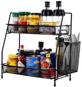 VERK GROUP Dvojposchodová polica, kovová s prídavným košíkom LOFT - čierna, 36 x 17 x 32 cm