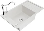 Mexen Elias granitový jednokomorový drez s odkvapkávačom a kuchynskou batériou Carla, Biela - 6511-20-670700-00