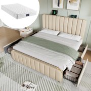 Dvojlôžková posteľ čalúnená Usb nabíjaním typu C 160x200 cm béžová matrac