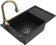 Mexen Elias granitový jednokomorový drez s odkvapkávačom a kuchynskou batériou Savita, Čierna - 6511-77-672601-50-B