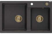 Mexen Tomas, granitový drez 800x500x190 mm, 2-komorový, čierna škvrnitá so zlatým sifónom, 6516802000-76-G