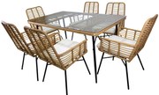 Ratanový set: Stôl + 6 stoličiek - hnedý s béžovými vankúšmi