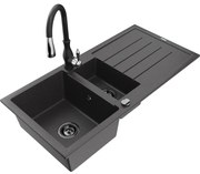 Mexen Andres, 1,5-komorový granitový drez 1000x500x200 mm a drezová batéria Savita, čierna škvrtnitá, 6515-76-672601-70-B