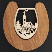 AMADEA Drevená ozdoba z masívu s vkladom - podkova s kostolom 8 cm