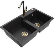 Mexen Tomas, 2-komorový granitový drez 800x500x190 mm a drezová batéria Flora, čierna-strieborná metalíza, 6516-73-670401-57-G