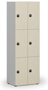 Drevená šatníková skrinka S4 s úložnými boxmi, 6 boxov, demont, RFID zámok, sivá/breza
