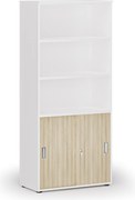 Kombinovaná kancelárska skriňa PRIMO WHITE, zasúvacie dvere na 2 poschodia, 800 x 420 x 1781 mm, biela/dub prírodná