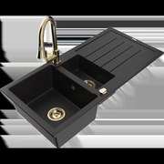 Mexen Andres granitový 1,5-komorový drez s odkvapkávačom a kuchynskou batériou Elia, Čierna - 6515-77-670101-50