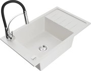 Mexen Elias granitový jednokomorový drez s odkvapkávačom a kuchynskou batériou Aster, Biela - 6511-20-73450-07