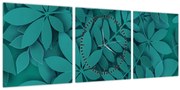 Obraz - Tyrkysové listy (s hodinami) (90x30 cm)