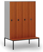 Drevená šatníková skrinka S4 s lavičkou, 4 oddiely, 1871 x 1200 x 500/800 mm, demont, RFID zámok, sivá/čerešňa
